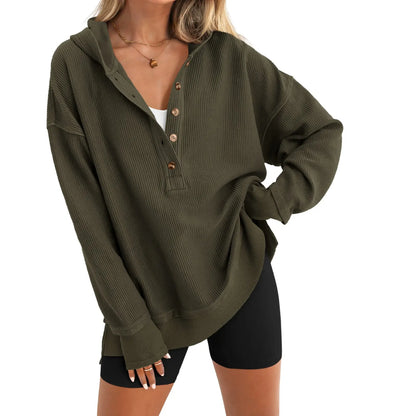 Womens Fashion Long Sleeve Hoodie Oversized Button Up V Neck Sweatshirt