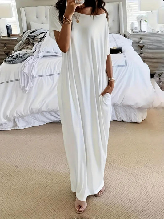 Women's Casual Leaf Print Dress, Loose-Fitting Bat Sleeve Long Sleepwear, Comfortable Home Wear for All Seasons