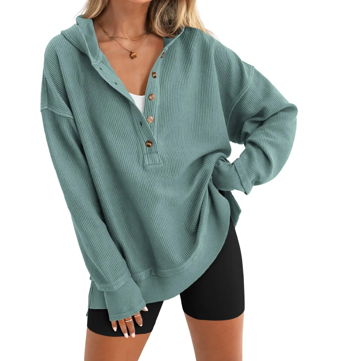 Womens Fashion Long Sleeve Hoodie Oversized Button Up V Neck Sweatshirt