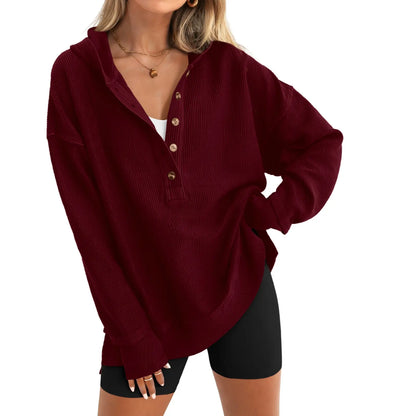 Womens Fashion Long Sleeve Hoodie Oversized Button Up V Neck Sweatshirt