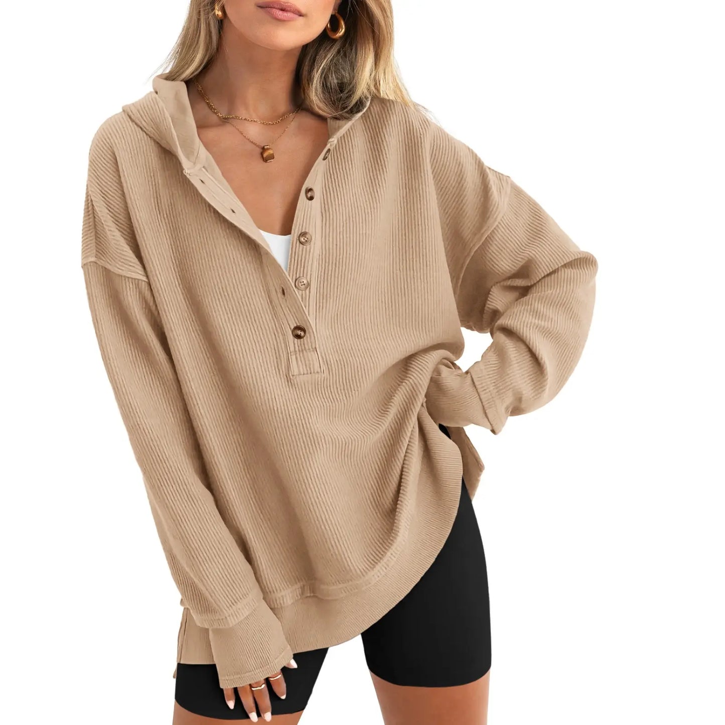 Womens Fashion Long Sleeve Hoodie Oversized Button Up V Neck Sweatshirt
