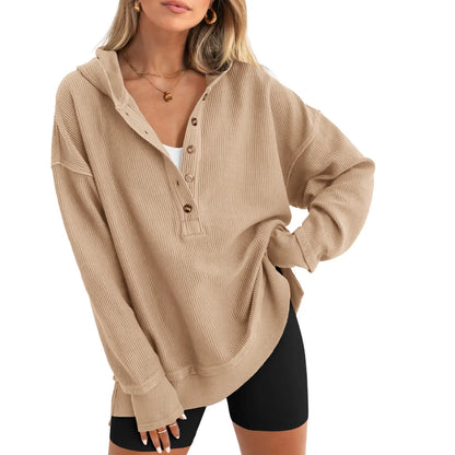 Womens Fashion Long Sleeve Hoodie Oversized Button Up V Neck Sweatshirt