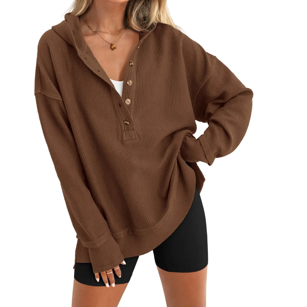 Womens Fashion Long Sleeve Hoodie Oversized Button Up V Neck Sweatshirt