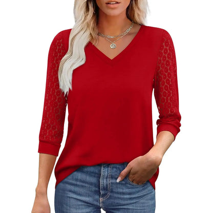 3/4 Length Sleeve Womens Tops V-Neck Lace Tunic Tops Business Casual Blouses 2026 Elegant Womenswear
