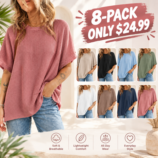 Women's Summer Casual Short Sleeve Solid Color Loose Texture Knit Tunic Tops