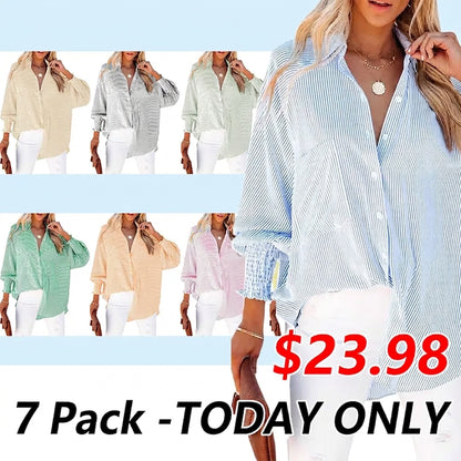 Women's Striped Print Button Front Frill Trim Raglan Sleeve Pocket Design Shirt Blouse