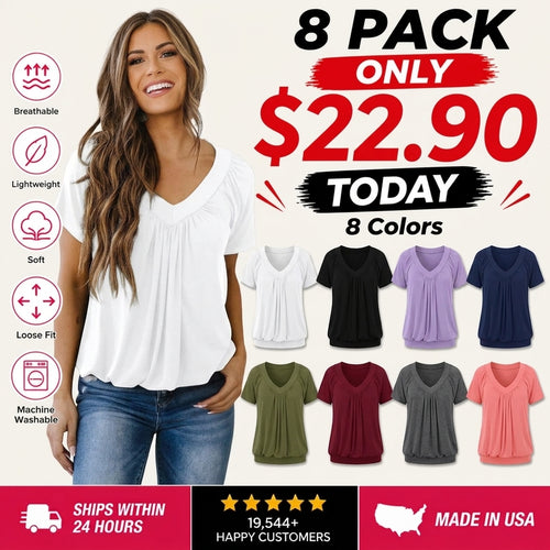 Women's Casual Summer Short Sleeve V Neck Tops T-shirts - Loose Fit & Comfortable Shirring Top