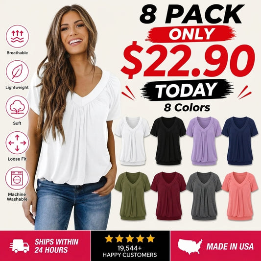 Women's Casual Summer Short Sleeve V Neck Tops T-shirts - Loose Fit & Comfortable Shirring Top
