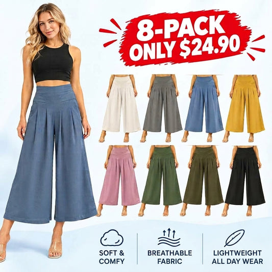 Womens Pleated High Waist Culottes Wide Leg CapriPants Cotton Linen