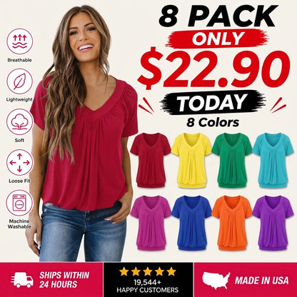 Women's Casual Summer Short Sleeve V Neck Tops T-shirts - Loose Fit & Comfortable Shirring Top