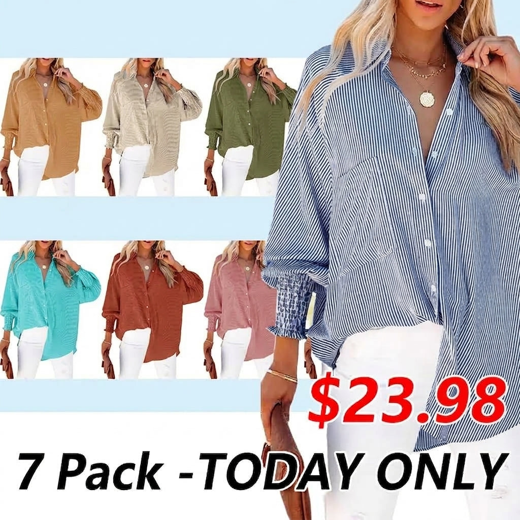 Women's Striped Print Button Front Frill Trim Raglan Sleeve Pocket Design Shirt Blouse