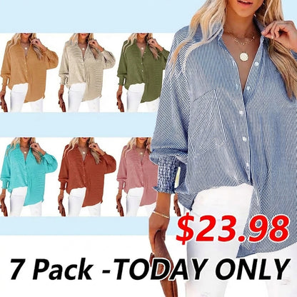 Women's Striped Print Button Front Frill Trim Raglan Sleeve Pocket Design Shirt Blouse