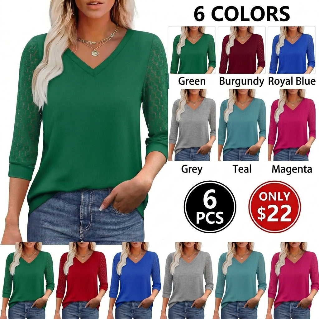 3/4 Length Sleeve Womens Tops V-Neck Lace Tunic Tops Business Casual Blouses 2026 Elegant Womenswear