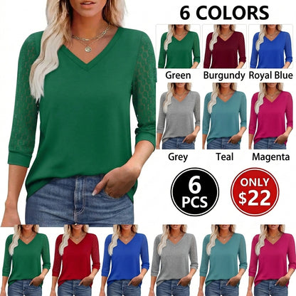 3/4 Length Sleeve Womens Tops V-Neck Lace Tunic Tops Business Casual Blouses 2026 Elegant Womenswear