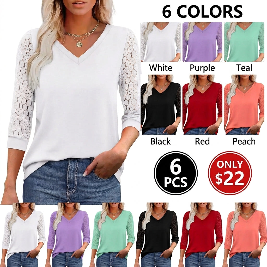 3/4 Length Sleeve Womens Tops V-Neck Lace Tunic Tops Business Casual Blouses 2026 Elegant Womenswear