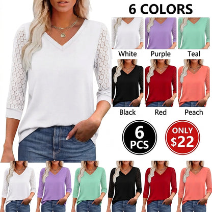 3/4 Length Sleeve Womens Tops V-Neck Lace Tunic Tops Business Casual Blouses 2026 Elegant Womenswear