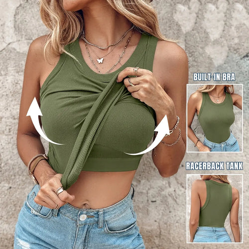 Built-in Bra Tank Top Ribbed Racerback Tops Women Going Out Tops Everyday Basic Tanks Padded Tops