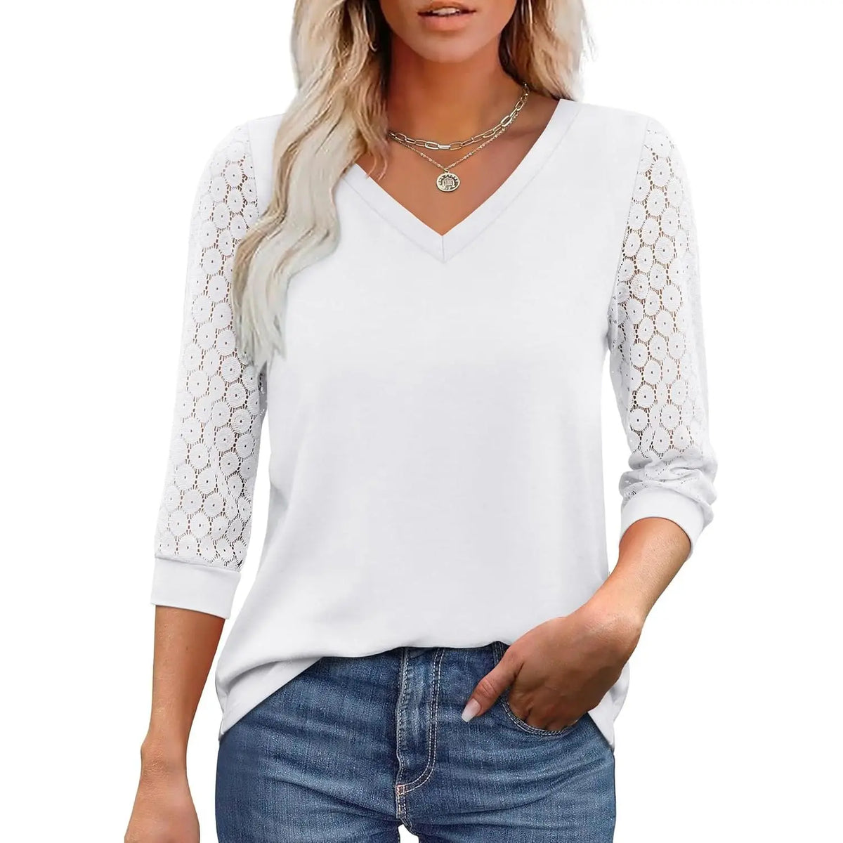 3/4 Length Sleeve Womens Tops V-Neck Lace Tunic Tops Business Casual Blouses 2026 Elegant Womenswear