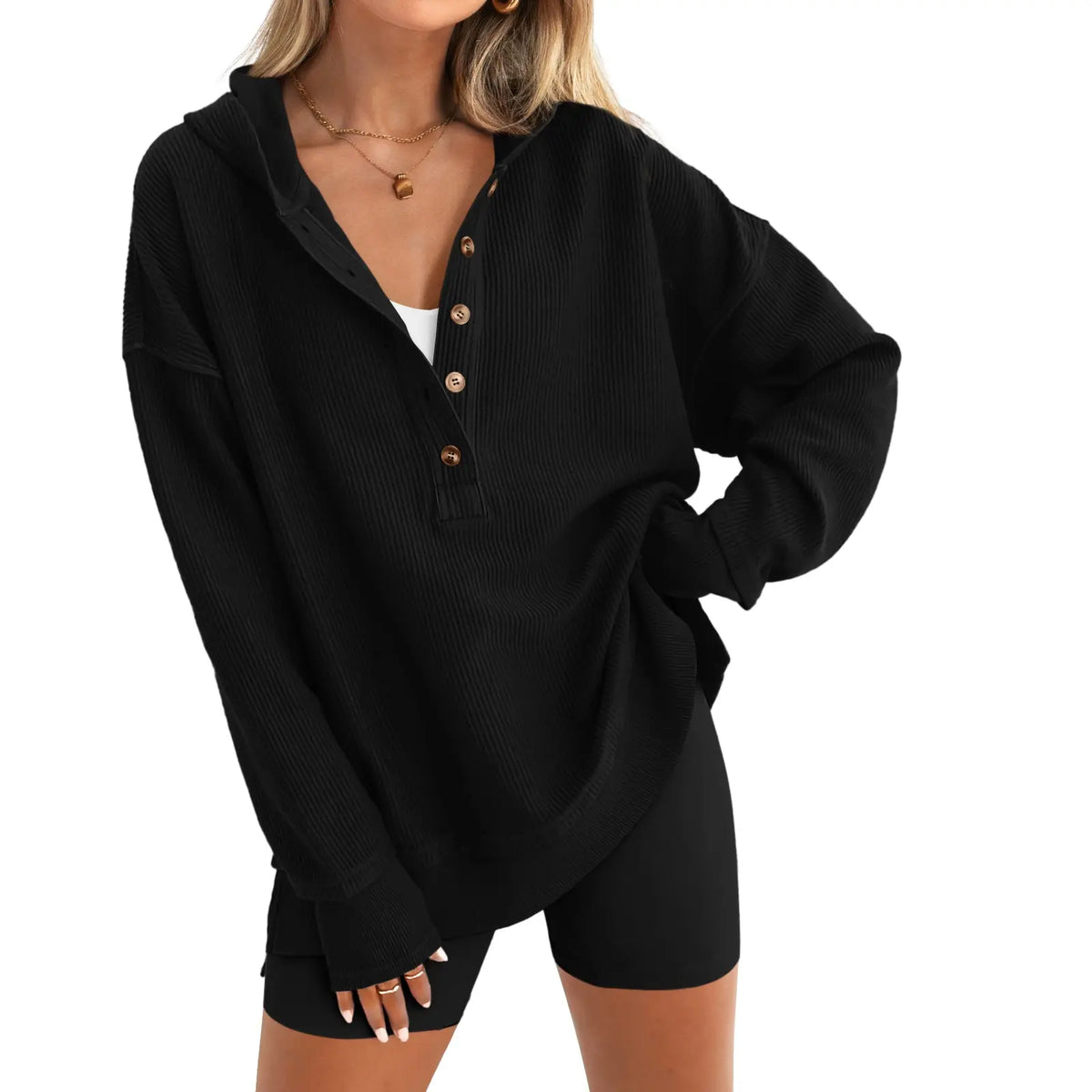 Womens Fashion Long Sleeve Hoodie Oversized Button Up V Neck Sweatshirt
