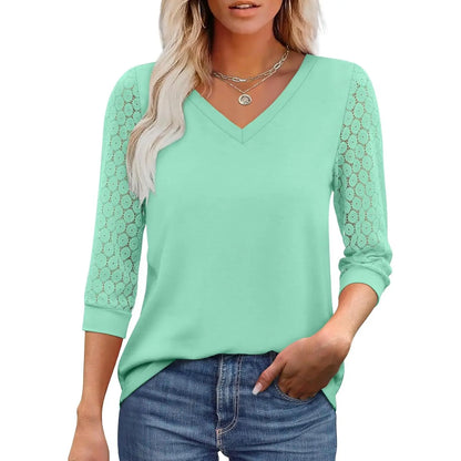 3/4 Length Sleeve Womens Tops V-Neck Lace Tunic Tops Business Casual Blouses 2026 Elegant Womenswear