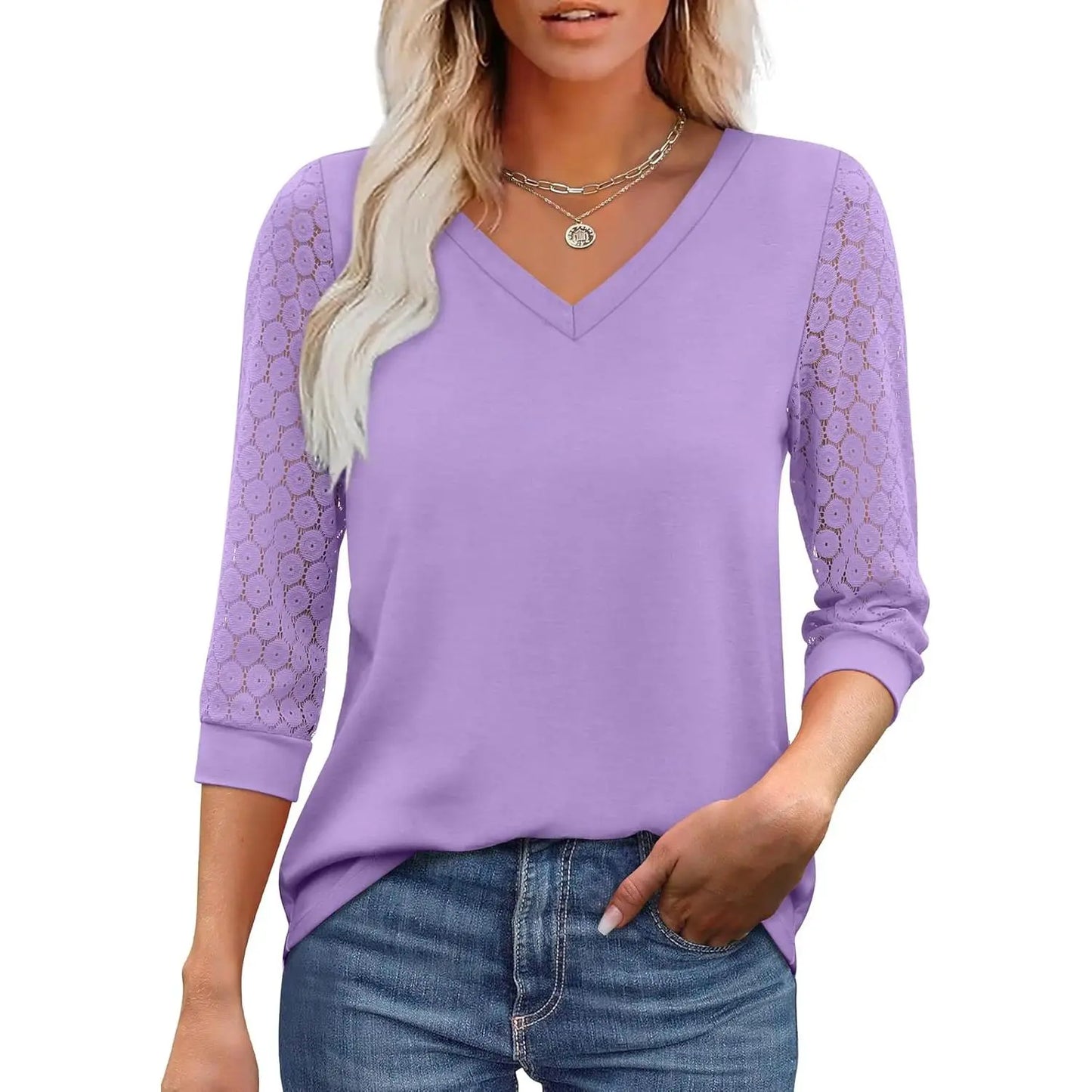 3/4 Length Sleeve Womens Tops V-Neck Lace Tunic Tops Business Casual Blouses 2026 Elegant Womenswear
