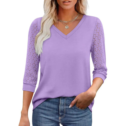 3/4 Length Sleeve Womens Tops V-Neck Lace Tunic Tops Business Casual Blouses 2026 Elegant Womenswear